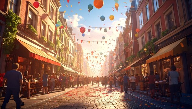 Street scene filled with people, balloons, and flags on a sunny day