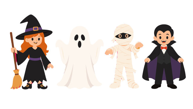 Cute Halloween costume characters with witch ghost mummy and vampire