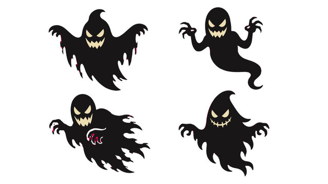 Set of spooky ghost silhouette characters on white background