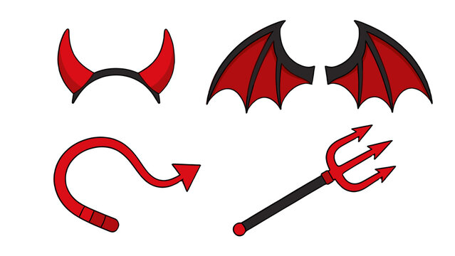 Red devil costume elements with horns wings tail and trident