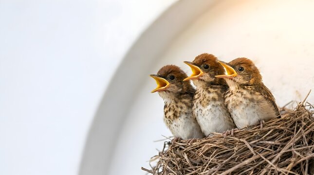 Baby sparrows begging for food with open beaks while sitting in a detailed straw nest against a clean white background for wildlife education and professional nature conservation concepts.