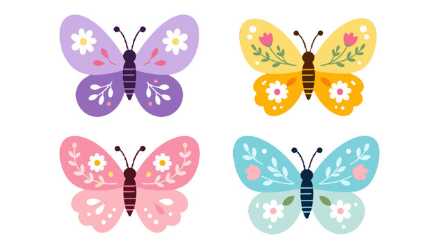 Set of four colorful butterflies with floral wing decorations