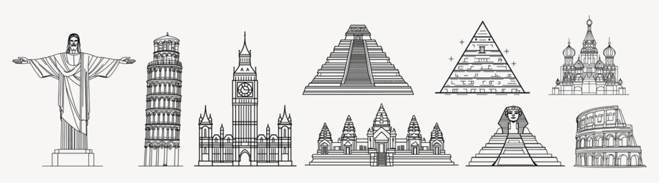 Iconic world landmarks line art, isolated vector set