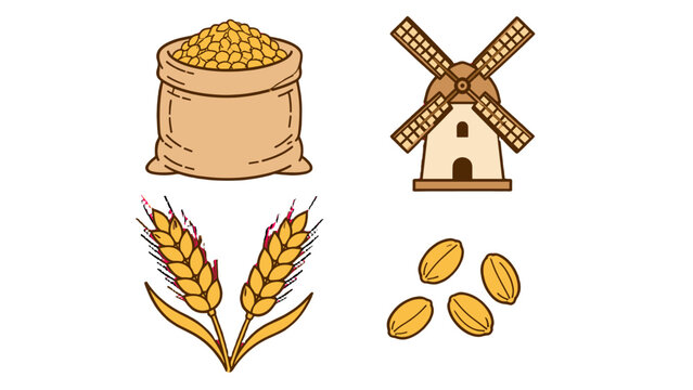 Hand drawn wheat, grain sack, windmill and seeds set