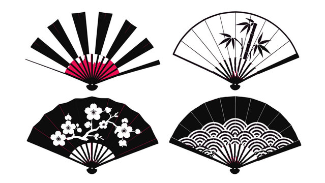Set of four decorative folding hand fans with monochrome patterns