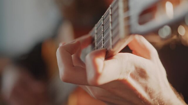 Sunlit studio with delicate fingerwork. Closeup of fingers playing nylon string guitar in bright studio. Musician focused on intricate finger placement on classical guitar in sunlit room