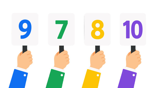 Hands holding numbered score cards with ratings 9, 7, 8 and 10