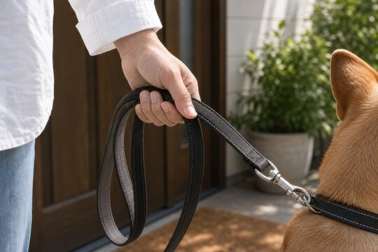 玄関先で柴犬にリードをつける手元