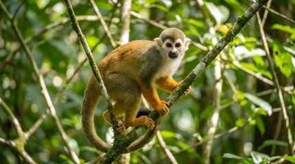 Fototapeta premium Squirrel Monkey perching on a mossy branch in a lush tropical rainforest canopy with soft dappled sunlight filtering through green leaves