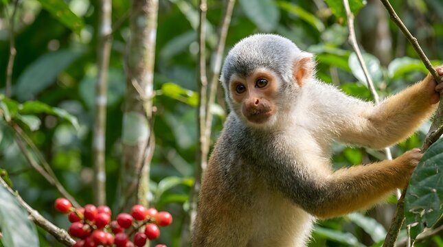 Squirrel monkey climbing through tree branches in a tropical rainforest, positioned near clusters of ripe red berries while navigating the dense canopy of a lush green jungle environment.