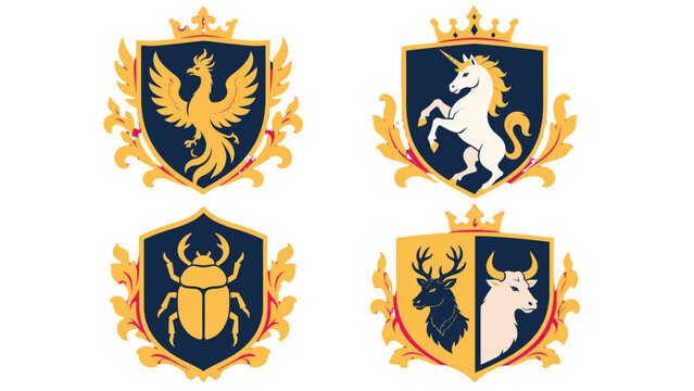 Heraldic shield emblems with phoenix unicorn beetle and stag