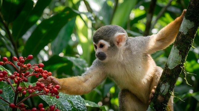 Squirrel monkey reaching for red berries on a branch in a tropical rainforest, demonstrating foraging behavior while holding onto a tree limb amidst lush green vegetation and foliage.