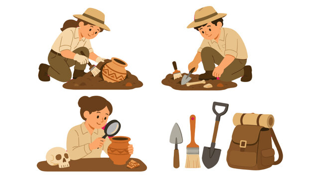 Archaeologists excavating artifacts with tools and pottery set