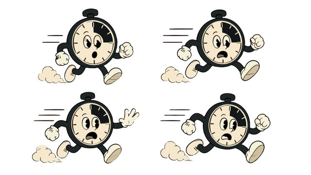 Running cartoon timer character set with expressive clock faces