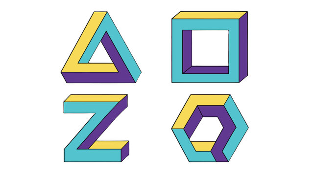 Set of colorful impossible geometric letterforms and shapes