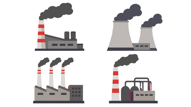 Industrial factory chimneys with smoke in flat vector set
