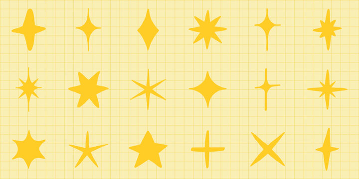 Vector set of yellow star shapes on a grid background, various styles and sizes.
