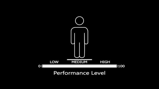 White line of a human figure showing a medium performance level on a horizontal gauge against a solid black background