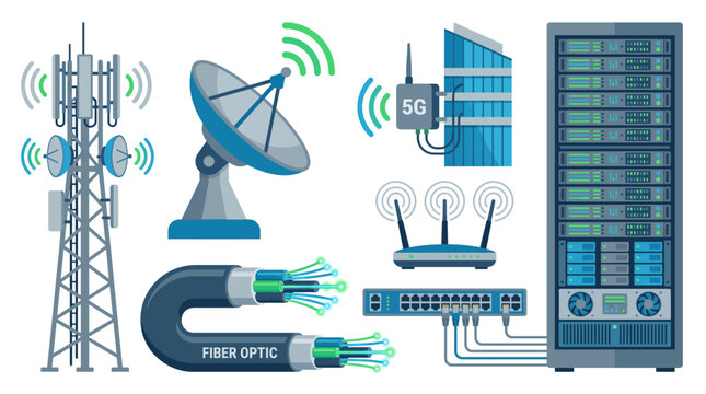 Telecom 5G network collection with cell tower satellite dish fiber optic and wireless signal vector set