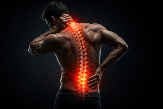 Man Suffering from Severe Back Pain with Highlighted Spine Anatomy and Inflammation Concept