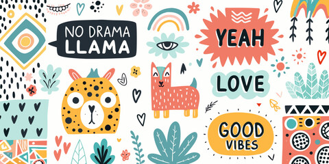 Boho Doodle Art Collection With Llamas Animals And Geometric Shapes © Roni