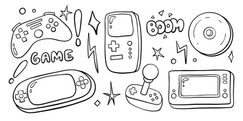 Doodle vector set featuring video game elements. Gaming controller, retro arcade console, vintage controller for video games, joystick for computer play, laptop and other computer gaming items © lupascoroman
