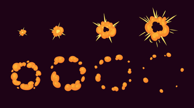 Explosion cartoon animation. Smoke and fire animation frame by frame, comic game asset of bomb blast effect. Vector game sprite of dynamite explosion. Damage, attack burst isolated set