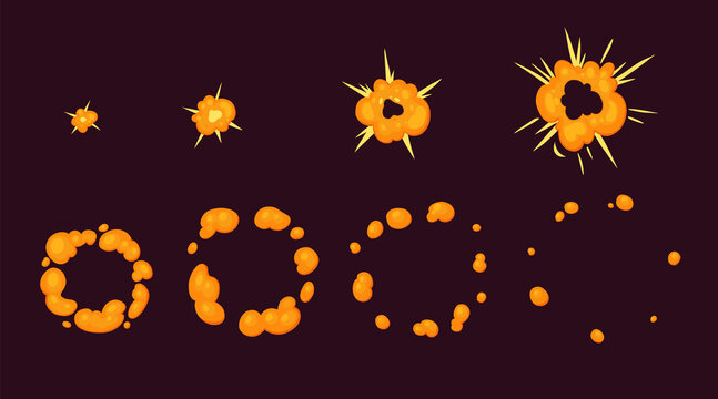 Explosion cartoon animation. Smoke and fire animation frame by frame, comic game asset of bomb blast effect. Vector game sprite of dynamite explosion. Damage, attack burst isolated set
