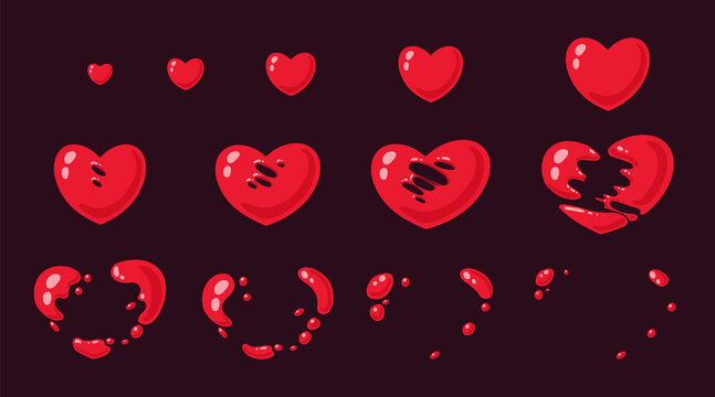Explosion cartoon animation of heart. Smoke and fire animation frame by frame, comic game asset of hearts bomb blast effect. Vector game sprite of dynamite explosion. Damage, attack burst set