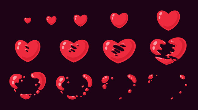 Explosion cartoon animation of heart. Smoke and fire animation frame by frame, comic game asset of hearts bomb blast effect. Vector game sprite of dynamite explosion. Damage, attack burst set
