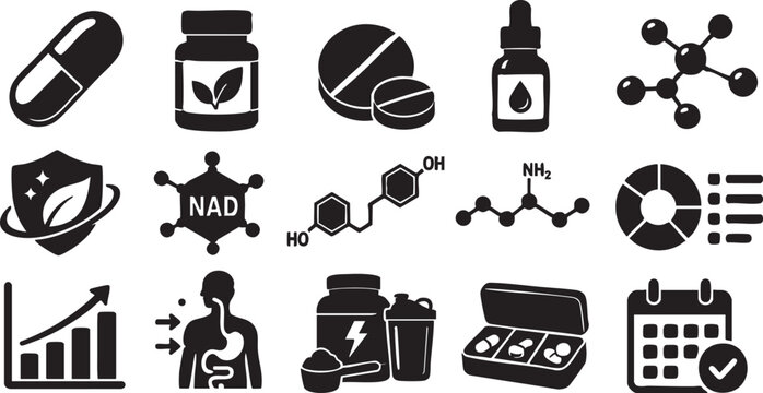 Supplement And Longevity Science Silhouette Icon Pack With Molecules Vitamins Capsules Charts And Healthcare Symbols In Clean Vector Grid Collection
