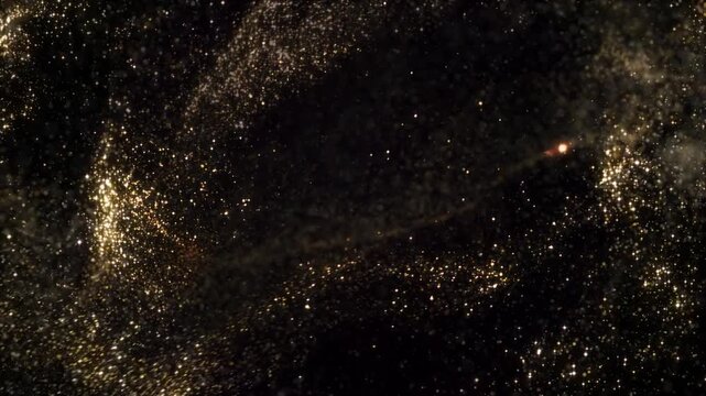 Golden Glitter Shower 4K Loop features golden glitter  particles swirling around and criss crossing in a black atmosphere in a loop.