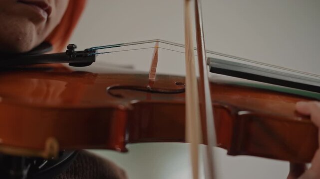 Delicate instrumentalist carefully crafting melodies with gentle movements and techniques. Artist meticulously producing refined musical tones through precise and tender bowing techniques