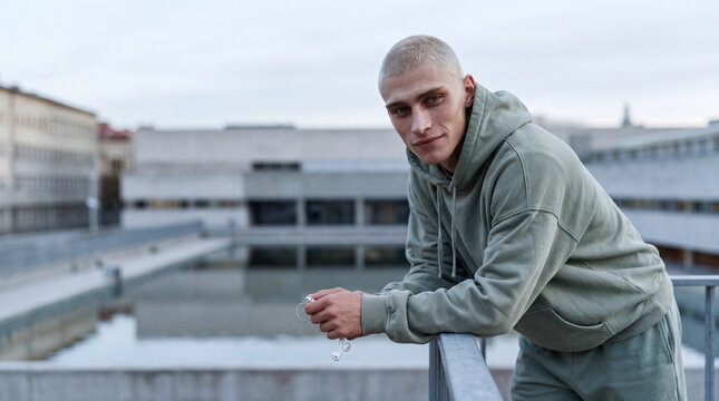 Portrait of handsome young man with buzz cut hair wearing green hoodie holding earphones on city roof background