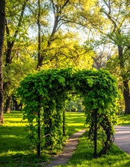 Obraz premium Serene park with lush green trees and grassy path.