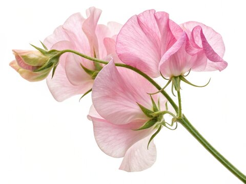 Lathyrus &ndash; Pink lathyrus sweet pea ruffled petals with delicate tendrils, isolated on white background