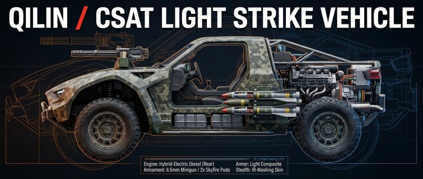 Detailed concept art of the Qilin CSAT Light Strike Vehicle with a cutaway view. Showcases hybrid engine, minigun, missiles, and stealth armor.