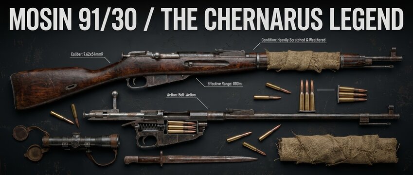 Detailed 3D render of a weathered Mosin Nagant 91/30 bolt-action rifle, disassembled with scope, bayonet, and 7.62x54mmR ammunition, presented as a "Chernarus Legend" game asset.