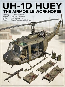 Detailed infographic of the iconic UH-1D Huey helicopter, 'The Airmobile Workhorse,' with specifications, M60 machine gun, radios, and stretchers. Historical military transport and MedEvac aircraft.