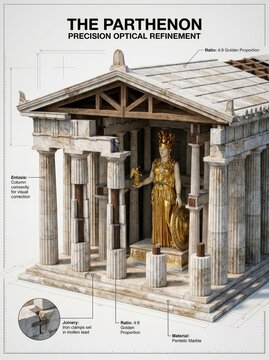 Detailed architectural diagram of The Parthenon, showcasing its optical refinements, golden ratio, entasis, Pentelic marble, and golden Athena statue.