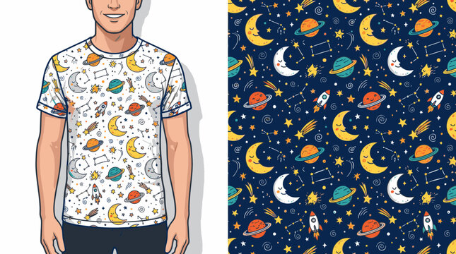 Doodle space and constellation pattern on man's t-shirt.