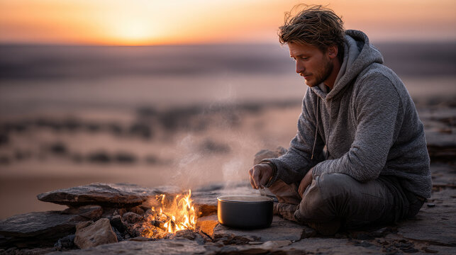 Adventurous man cooking warming food over small campfire during beautiful desert sunrise, creating a serene and solitary outdoor survival experience