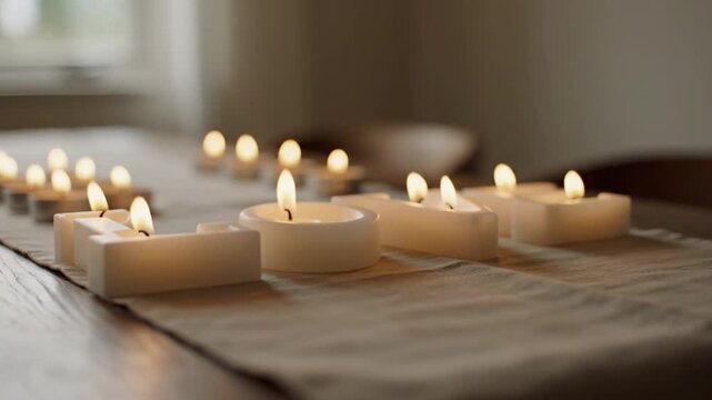 Warm Glowing Tea Lights on Table Runner - Peaceful Ambiance