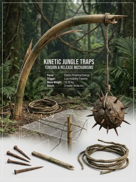 Detailed analysis of a kinetic jungle trap's tension and release mechanisms. Features a spiked mace, bamboo, tripwire, and rusty nails in a jungle setting. Ideal for survival, adventure,