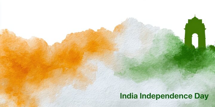 india independence day postcard, india independence day postcard with soft hand-painted textures in saffron, white, and green palette, elegant monument silhouette, festive sans-serif typography, and