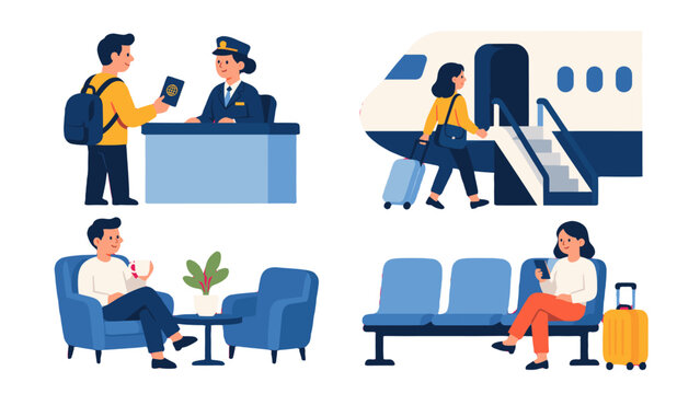 Isometric airport passenger scenes with check in boarding and lounge