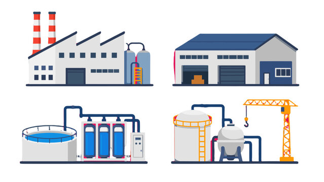 Isometric industrial factory and water treatment plant set