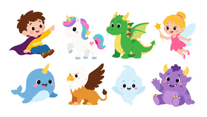 Cute fantasy character set with child, unicorn, dragon and fairy © icon_art