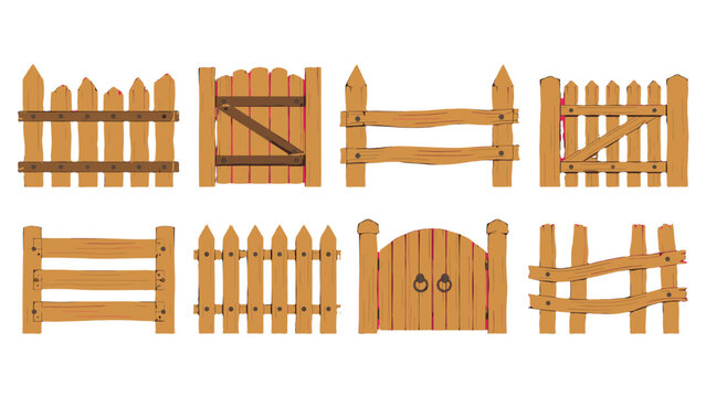 Set of hand drawn wooden fences and gates illustration