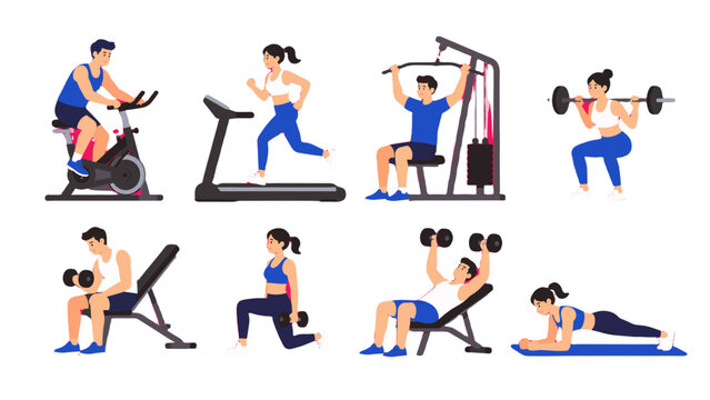 Set of people doing gym workouts with exercise equipment
